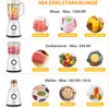 A collage of images showing different functions of a blender/food processor, with accompanying text describing features and usage times. Produktbild-Vorschau