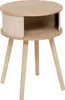 A round, wooden side table with a slatted door and three legs, presented against a white background. Voir les images du produit