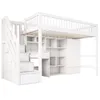 A white loft bed with stairs, shelves, and a wardrobe, shown against a white background. Náhled obrázku produktu
