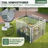 A metal compost bin filled with organic waste, shown outdoors on a lawn with informational callouts and text. Produktbild-Vorschau