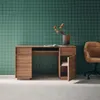A wooden desk with a chair and a vase of flowers against a green tiled wall. Anteprima dell’immagine prodotto