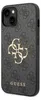A close-up, angled view of a gray iPhone 14 case with a repeating Guess logo pattern and a prominent gold Guess logo in the center. Podgląd zdjęcia produktu