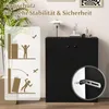 A black sideboard cabinet with a diagram illustrating anti-tip safety features and a close-up of the anti-tip hardware. Podgląd zdjęcia produktu