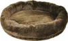 A brown, plush, oval-shaped pet bed with raised sides, shown from a slightly elevated diagonal angle. Produktbild-Vorschau