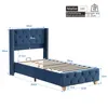 A diagram of a blue upholstered bed frame with dimensions and specifications indicated by text and measurement lines. Produktbild-Vorschau