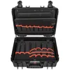 An open black tool case with orange-trimmed fabric organizers inside. Voir les images du produit