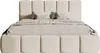 A bed with a upholstered frame and headboard, shown from the front. Produktbild-Vorschau