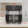 An air fryer is shown with dimensions indicated by red lines and text. Produktbild-Vorschau