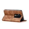 A brown flip case for a smartphone is shown from the side, with the phone partially inserted. Produktbild-Vorschau