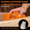 A hand is holding an orange woodworking tool over a piece of wood. A close-up of the tool's blade is shown in a circular inset. Produktbild-Vorschau