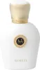A white perfume bottle with a gold cap and a circular emblem on the front. Podgląd zdjęcia produktu