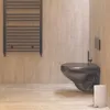 A modern bathroom with a black toilet and a beige trash can. Anteprima dell’immagine prodotto