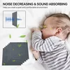 A sleeping baby next to a stack of dark gray acoustic panels, with a graphic showing sound waves being absorbed by a panel. Produktbild-Vorschau