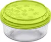 A clear studio shot of a round, clear plastic food container with a lime green lid. Náhľad obrázku produktu