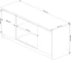 A technical drawing of a white TV cabinet with dimensions indicated. Voir les images du produit