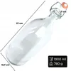 A clear glass bottle with a swing-top lid, shown at an angle against a white background. Dimensions and capacity are indicated with text overlays. Anteprima dell’immagine prodotto