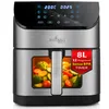 A silver and black air fryer with a window showing vegetables inside, set against a white background. Produktbild-Vorschau