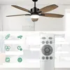 A ceiling fan with lights is shown, with icons and a remote control illustrating its features. Podgląd zdjęcia produktu