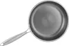 A top-down view of a stainless steel frying pan with a honeycomb pattern on a white background. Produktbild-Vorschau
