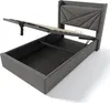 A grey upholstered bed frame with the mattress support lifted to reveal storage space underneath. Produktbild-Vorschau