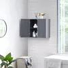 A dark gray wall-mounted cabinet with two doors is shown in a bathroom setting. The cabinet is open, revealing shelves with toiletries and towels. A laundry basket and a plant are visible in the foreground. Podgląd zdjęcia produktu