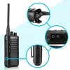 A black Retevis RB85 walkie-talkie with several close-up insets highlighting its features. Produktbild-Vorschau