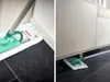 A split image showing a mop cleaning a floor near a wall and under a cabinet. Produktbild-Vorschau