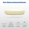 A cream-colored cushion with a wooden base, presented with feature icons and text. Produktbild-Vorschau