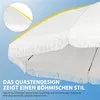 Close-up of a white umbrella with fringe, with a magnified view of the edge and a blue background. Produktbild-Vorschau