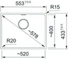 A technical drawing of a sink with dimensions and specifications. Podgląd zdjęcia produktu