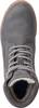 A top-down view of a gray lace-up boot with white and black laces and a white fuzzy lining. Produktbild-Vorschau