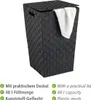 A black woven laundry basket with a lid and a white towel peeking out, with feature descriptions below. Náhľad obrázku produktu