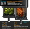 A close-up marketing image of a dual-chamber air fryer, showing one chamber filled with broccoli and the other with a cooked fish. Text overlays describe features. Produktbild-Vorschau
