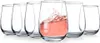 A set of six clear stemless wine glasses, with one glass containing pink liquid and splashing. Produktbild-Vorschau