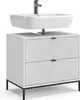 A white bathroom vanity with a sink and faucet. Voir les images du produit