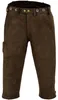 Vorderansicht der Herren-Kniebund-Jagdhose in Dunkelbraun. Mit Gürtelschlaufen, Seitentaschen, Messertasche, 100 % Leder, Polyesterfutter und verstellbaren Knieschnallen für eine optimale Passform.