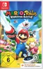 The image is a product packaging for the Nintendo Switch game 'Mario & Rabbids Kingdom Battle'. It features characters from the game, including Mario, Luigi, Princess Peach, and Rabbids, in an action-packed scene. The packaging also includes age rating inf Produktbild-Vorschau