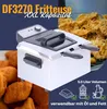 A collage showcasing a deep fryer, fried food, and product features. Produktbild-Vorschau