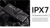 A black carbon fiber textured power bank is shown on wet rocks, with text indicating IPX7 water resistance and suitability for outdoor use. Produktbild-Vorschau