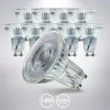 A group of LED light bulbs with one in the foreground and others in the background, set against a light gray gradient background. Two circular icons with text are present at the bottom. Voir les images du produit