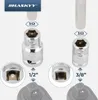 A comparison of two socket sizes, one 1/2" and one 3/8", with a 10mm socket shown for both. The HASKYY logo is visible. Produktbild-Vorschau