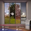 A portable air conditioner unit is shown next to a window displaying four different seasons, each with an icon representing a function of the air conditioner. Produktbild-Vorschau