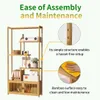 A multi-shelf unit displayed with decorative items and text highlighting ease of assembly and maintenance. Produktbild-Vorschau