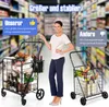 A woman is standing in a supermarket aisle, pointing to two shopping trolleys. One trolley is larger and filled with groceries, while the other is smaller and also contains groceries. Text overlays compare the two trolleys. Voir les images du produit