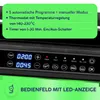Close-up of a black electric grill's control panel with digital displays and indicator lights, set against a green background with text. Produktbild-Vorschau