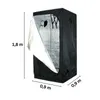 A black grow tent with its front flap open, showing a reflective interior. Dimensions are indicated with text labels. Produktbild-Vorschau