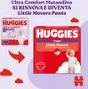 Marketing image showing two packages of Huggies Little Movers Pants, with text and graphics. Podgląd zdjęcia produktu
