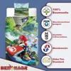 A product image showcasing a Super Mario Kart themed bedding set with accompanying feature icons and text. Produktbild-Vorschau