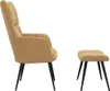 A side view of a brown velvet armchair and a matching ottoman, both with black legs, against a white background. Voir les images du produit