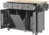 A grey kitchen island with a wooden countertop, drawers, and open cabinets. Náhled obrázku produktu